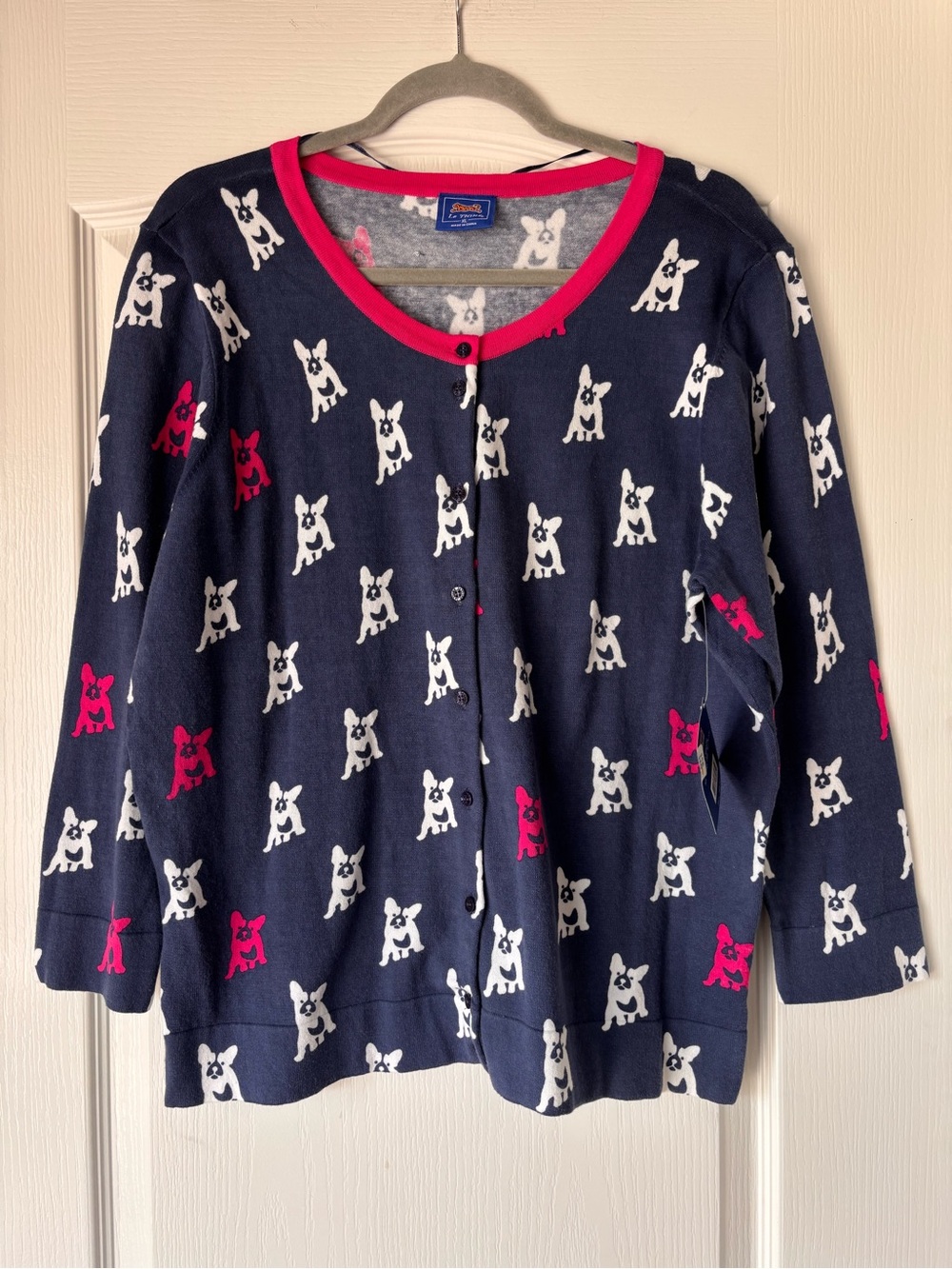 Le Tigre Frenchie Bulldog Cardigan sweater blue women’s XL 3/4 sleeve NEW